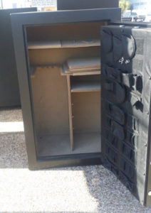 AMSEC SF6036 Used Gun Safe Black Open Door with Shelving 1 Hour Fire Rating Dimensions Exterior H-59’’ W-36’’ D-26’’ Interior H-55’’ W-33’’ D-22’’